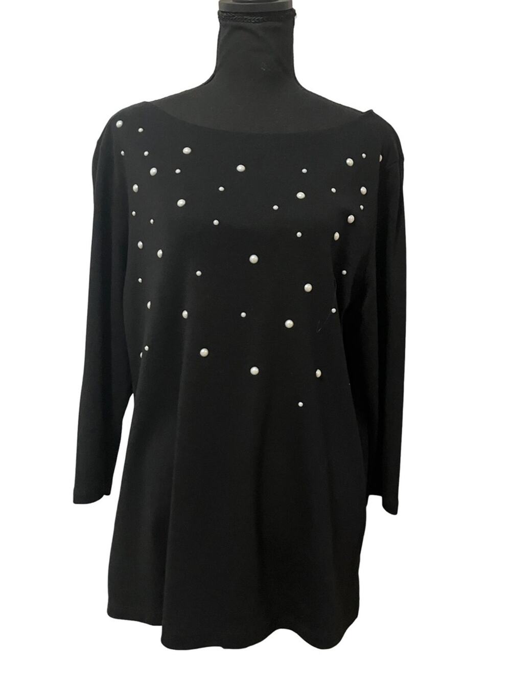 Karen Scott Black Crewneck Sweater with Pearl Stud Embellishments XL